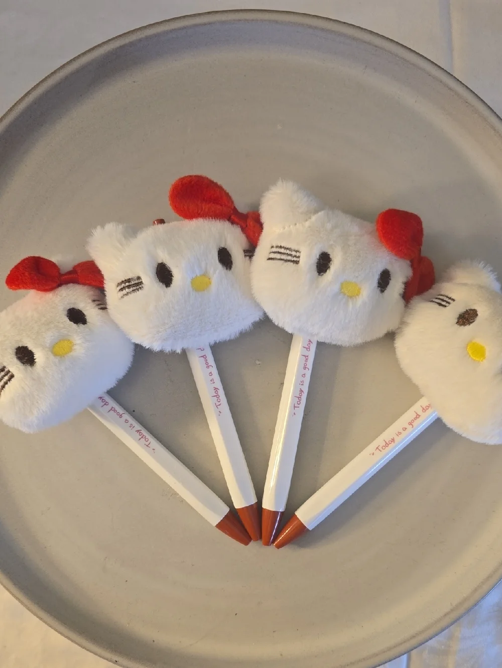 4 Hello Kitty-Inspired White & Red Plush Head Black Ballpoint Pens New